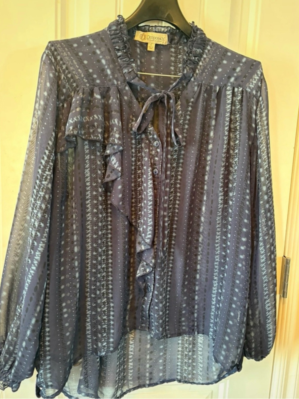 Democracy Navy Sheer Ruffle Tie-Neck Blouse